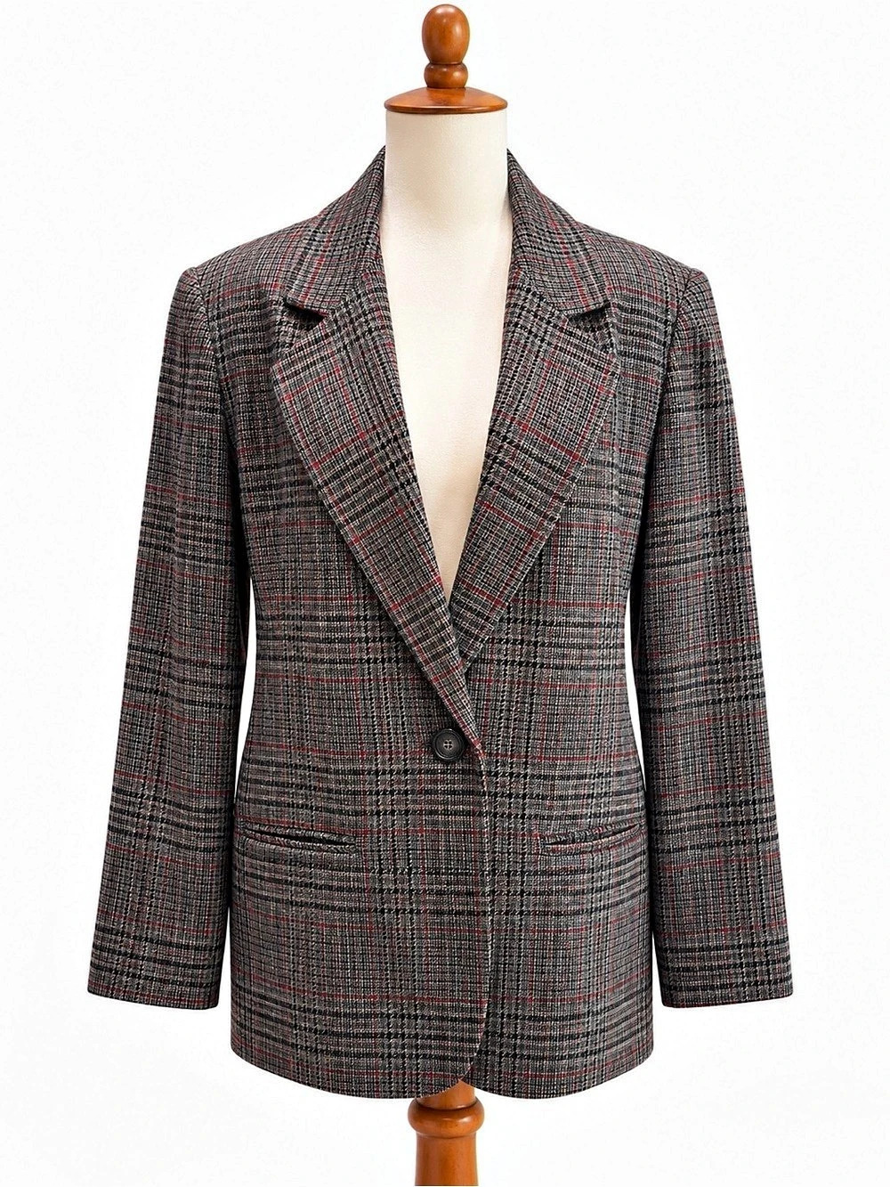 Sag Harbor Plaid Blazer in Gray & Red Size 12 Vintage Wool Blend